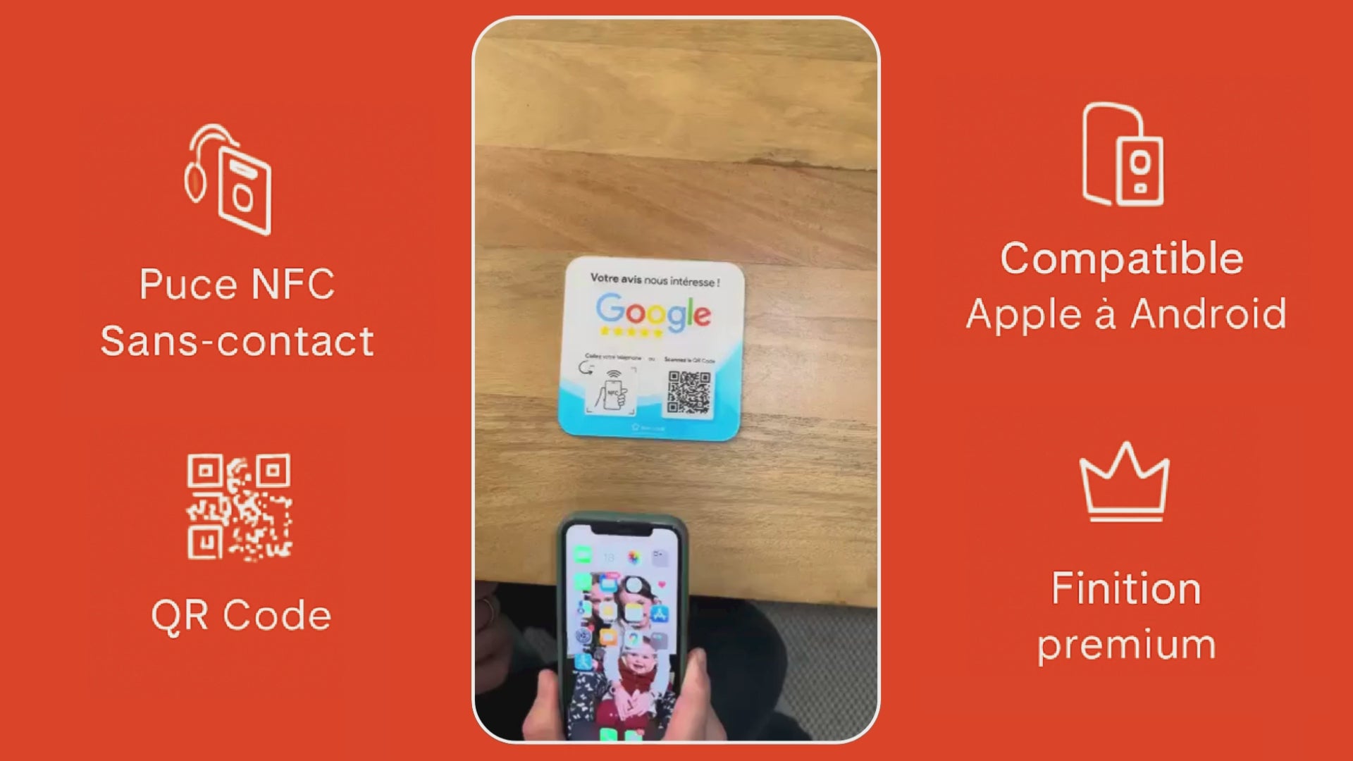 Charger la vidéo : Transformez chaque client en un avis 5 étoiles grâce à notre plaque Google. Compatible avec Apple et Android, chaque plaque est dotée d’une finition premium pour un impact visuel assuré.